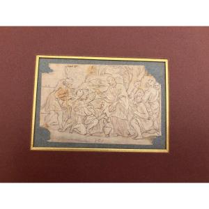 Small 18th-century Drawing, Depicting A Baptism. Layered Paper, Corners Damaged. France.