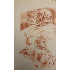 Study Sheet Of Male Heads In Red Chalk, Late 18th Or Early 19th Century. France.