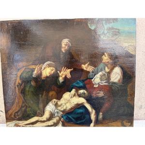 Grande huile sur bois, XVII eme siecle, descente de croix, Italie ou France.