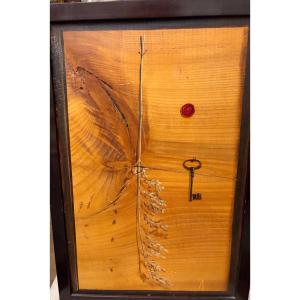 Trompe-l'oeil Depicting A Strand Of Oats And A Ribbon On Wood, 20th Century.
