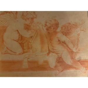 Red Chalk Drawing, 19th Century, Depicting Two Cherubs Playing With A Bishop’s Miter. France.