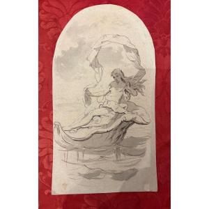 Pen-and-ink Drawing Of A Young Goddess With Her Baby In A Seashell. France, 19th Century.