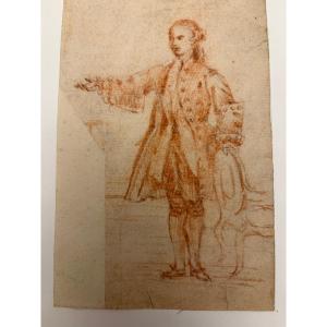 Petit dessin à la sanguine, silhouette d’un jeune gentilhomme . Cachetde collection, XVIII éme.