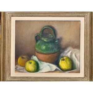 Still Life With A Green-glazed Goat And Apples. Circa 1960. France.