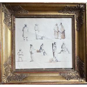 Feuille d’études de personnages, encre et lavis d’encre, XIX eme siècle, France.