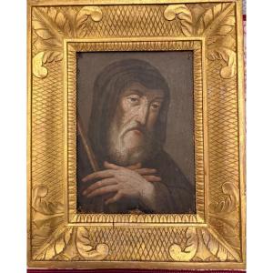 Portrait Of A Holy Man, Oil On Canvas, 17th Century. France. Beautiful 18th-century Frame.