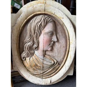 17th-century Carved Panel. Profile Of A Saint. France.