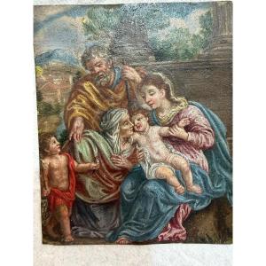 Petite huile sur cuivre, la Sainte Famille, avec St jean et Ste Anne. D’après Noel Coypel,
