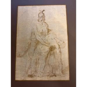 Dessin italien XVII eme siècle. Encre brune et lavis d’encre. Ménélas soutenant Patrocle mort.