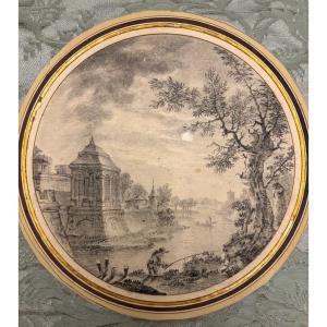 Black Chalk Drawing, Tondo, Fishermen, Fortress, Trees, Late 18th Or Early 19th Century.