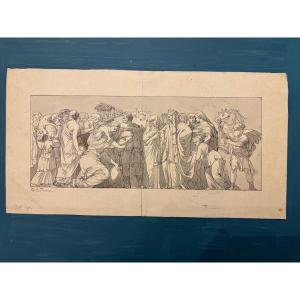 dessin, plume, encre grise, reprise d’un bas relief antique, d’après Polidoro da Caravagi