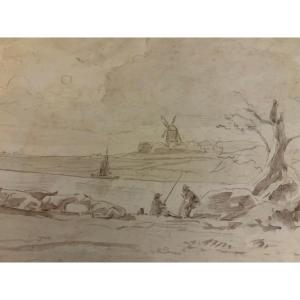 Dessin sur papier vergé, bord de rivière, troupeau de vaches. Pêcheur, moulin. XVIII éme siècle