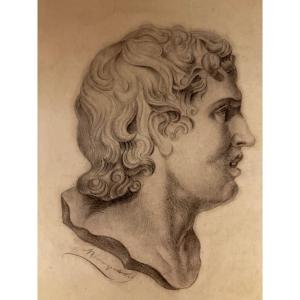 Dessin à la pierre noire, d’après une sculpture antique. Tête de jeune homme de profil. XIX em