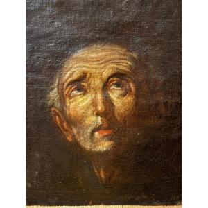Oil Portrait Of A Monk Or A Holy Man, His Eyes Turned Toward The Sky. 17th Century.