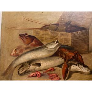 Large Oil On Canvas, Still Life Featuring Fish, A Lobster, A Basket, And Shrimp. France, 19th Century
