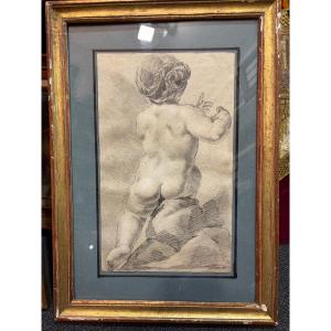 Black Chalk Drawing, Study Of A Girl Seen From Behind, 18th Century, France.