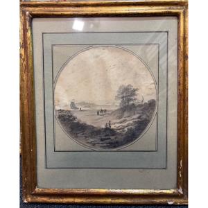 Dessin XVIII eme siècle, inscrit dans un tondo, paysage animé, avec un fleuve et un bateau.