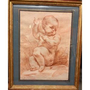 Red Chalk Drawing, Chubby Baby, In The Style Of Pigalle Or Bouchardon. 18th Century.