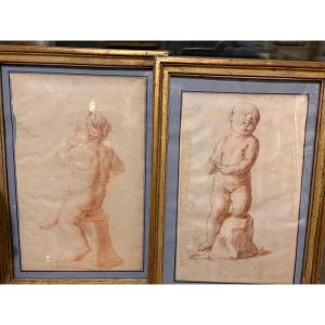 Pair Of Red Chalk Drawings, Studies Of Young Children, 18th Century, France.