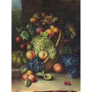 Grande toile, marouflée sur carton, nature morte aux raisins et pommes.France, début XXeme.