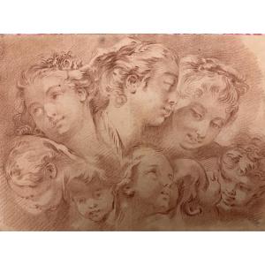 Gravure XVIII éme dans le goût de la sanguine, d’après Boucher, portraits groupés, jeunes fille