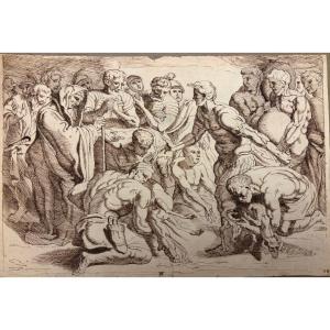 Dessin à la plume, d’après le Primatice , extrait de l’Odyssée, Ulysse égorgeant des brebis noi