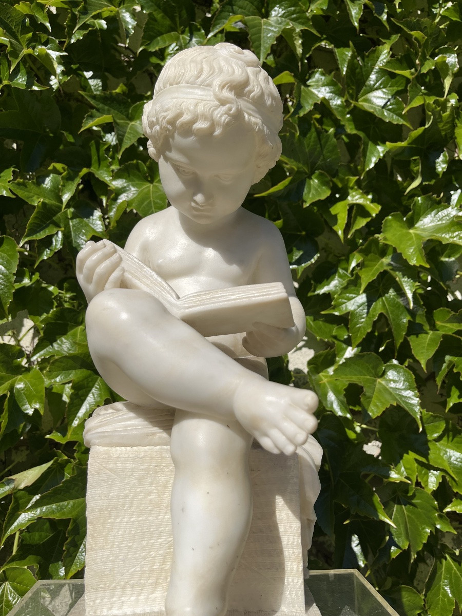 Marble Sculpture The Child With The Book 19th Century-photo-3