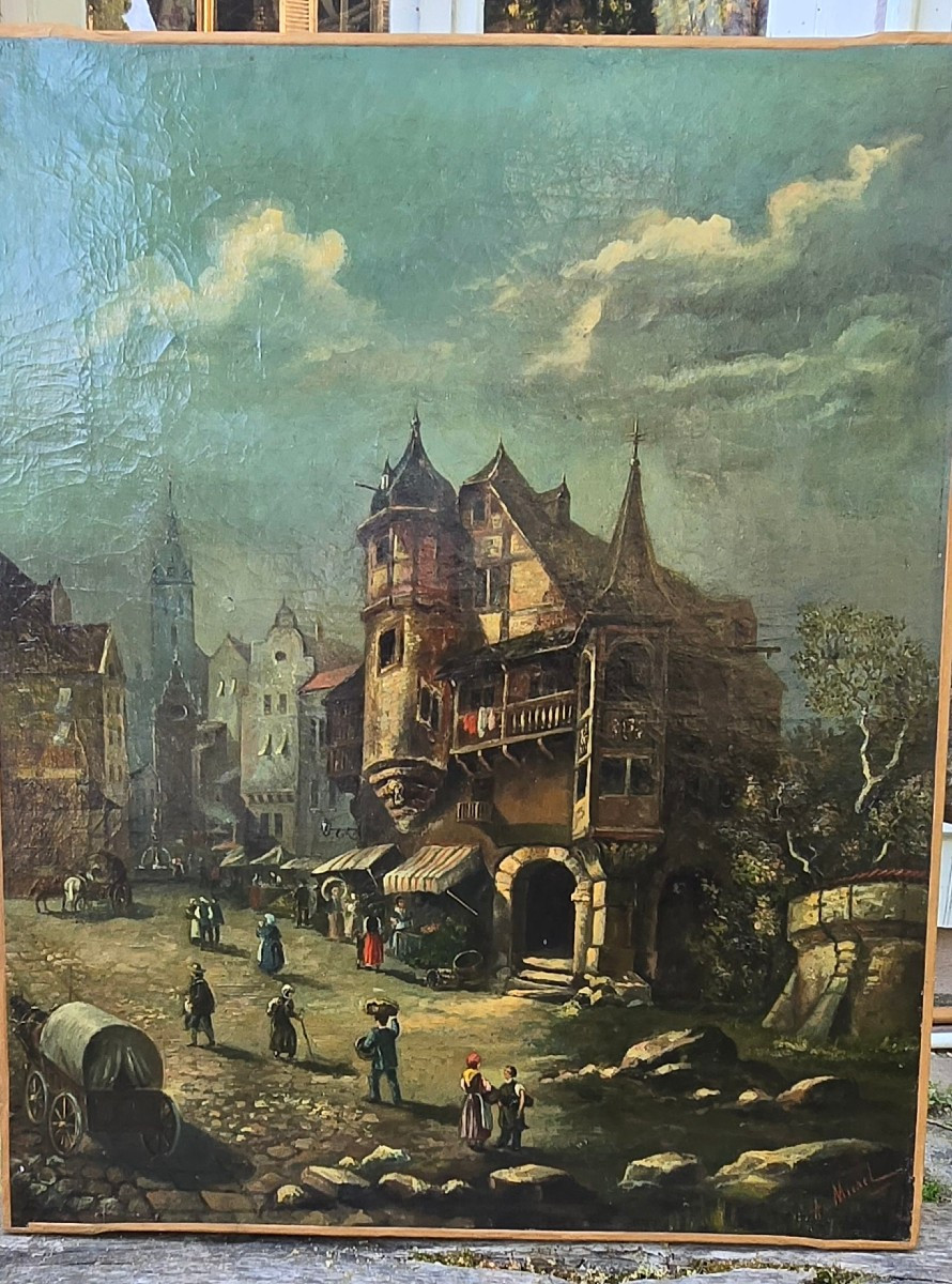 Oil On Canvas Depicting A Village