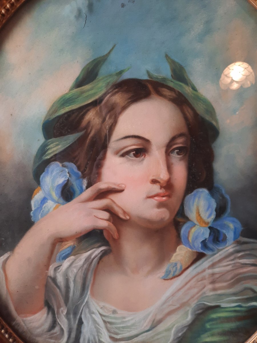 Pastel French School Of The XIXth Young Woman With Irises-photo-2