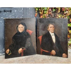 Paire De Portraits Homme Et Femme époque XIXème 