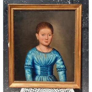 Portrait d'une jeune fille en robe bleu XIXème 