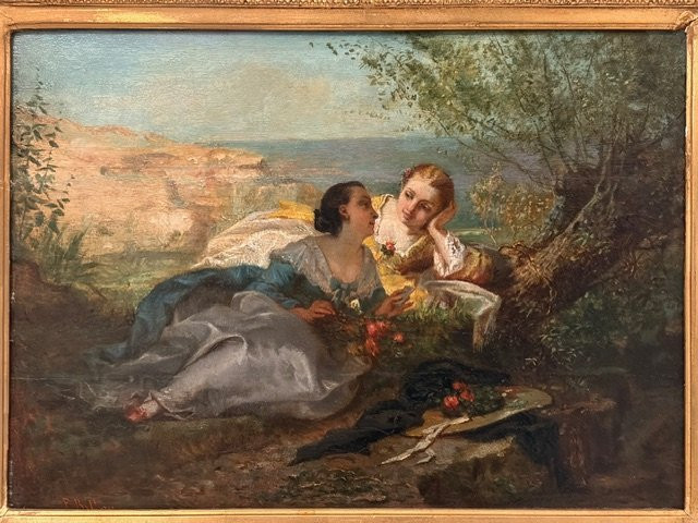 Tableau représentant deux jeunes femmes, Paul L. Billou (1821-1868)-photo-4