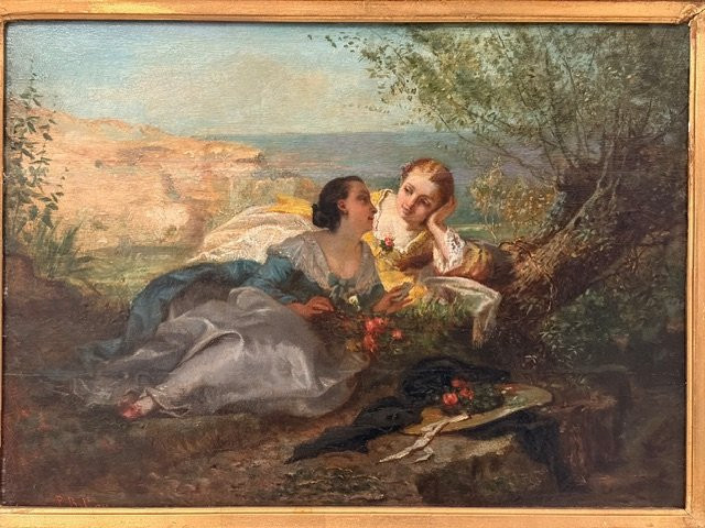 Tableau représentant deux jeunes femmes, Paul L. Billou (1821-1868)-photo-2