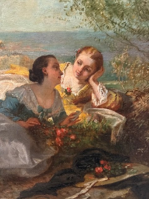 Tableau représentant deux jeunes femmes, Paul L. Billou (1821-1868)-photo-5