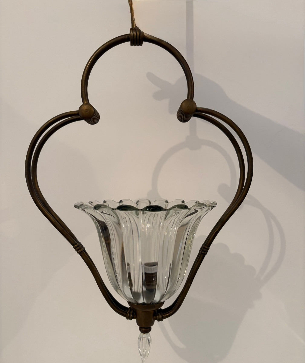 Suspension en laiton et verre de Murano, attribuée à Barovier & Toso, années 1940-photo-2