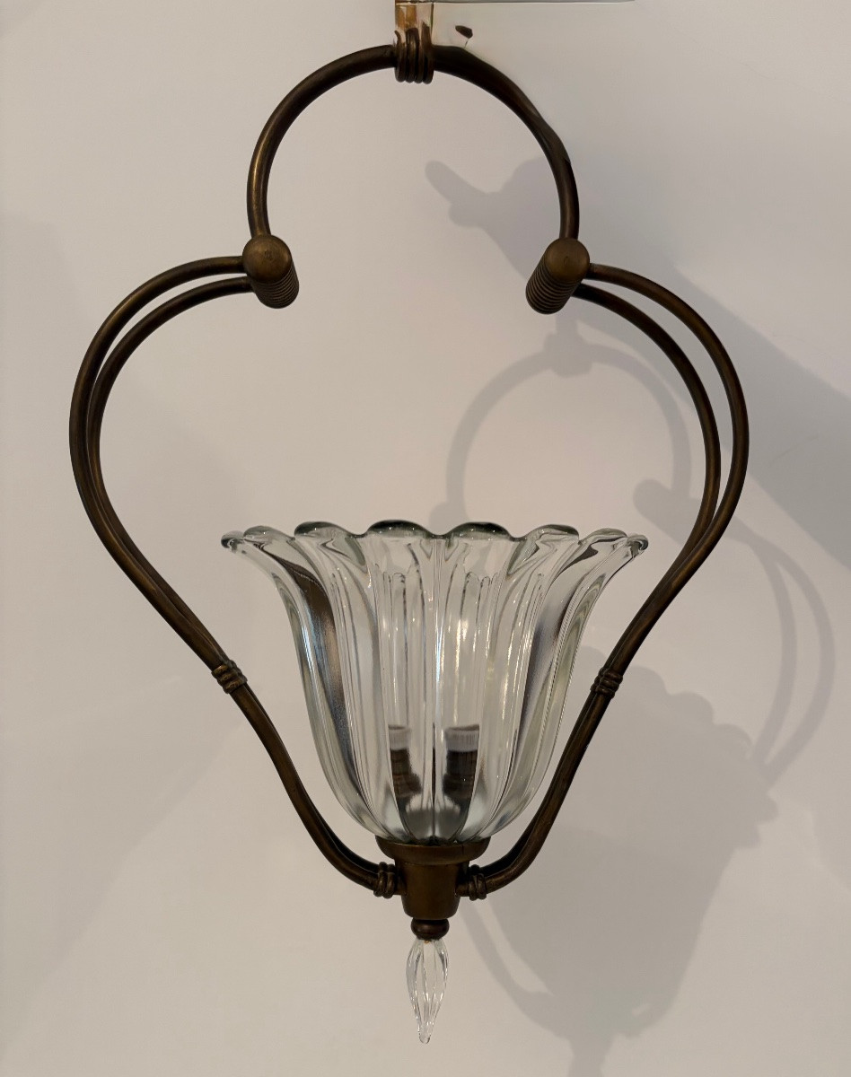 Suspension en laiton et verre de Murano, attribuée à Barovier & Toso, années 1940-photo-3