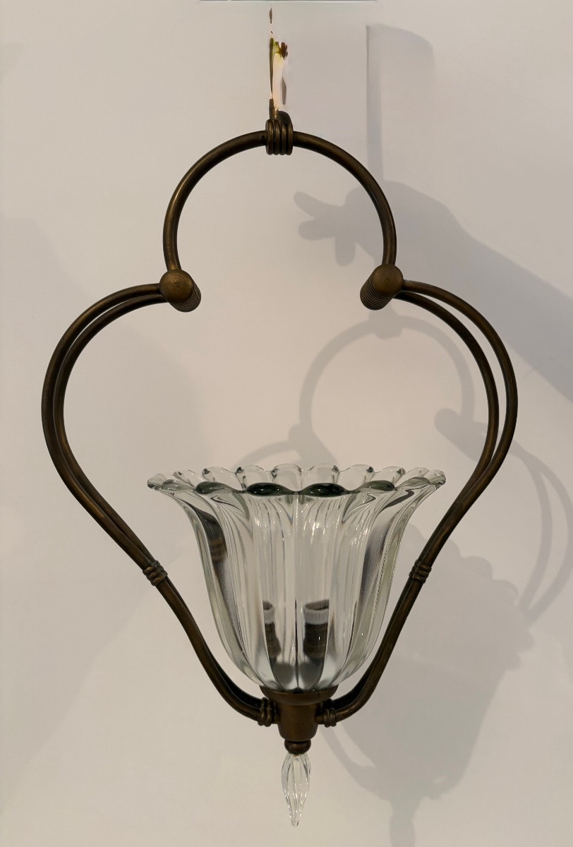 Suspension en laiton et verre de Murano, attribuée à Barovier & Toso, années 1940-photo-5