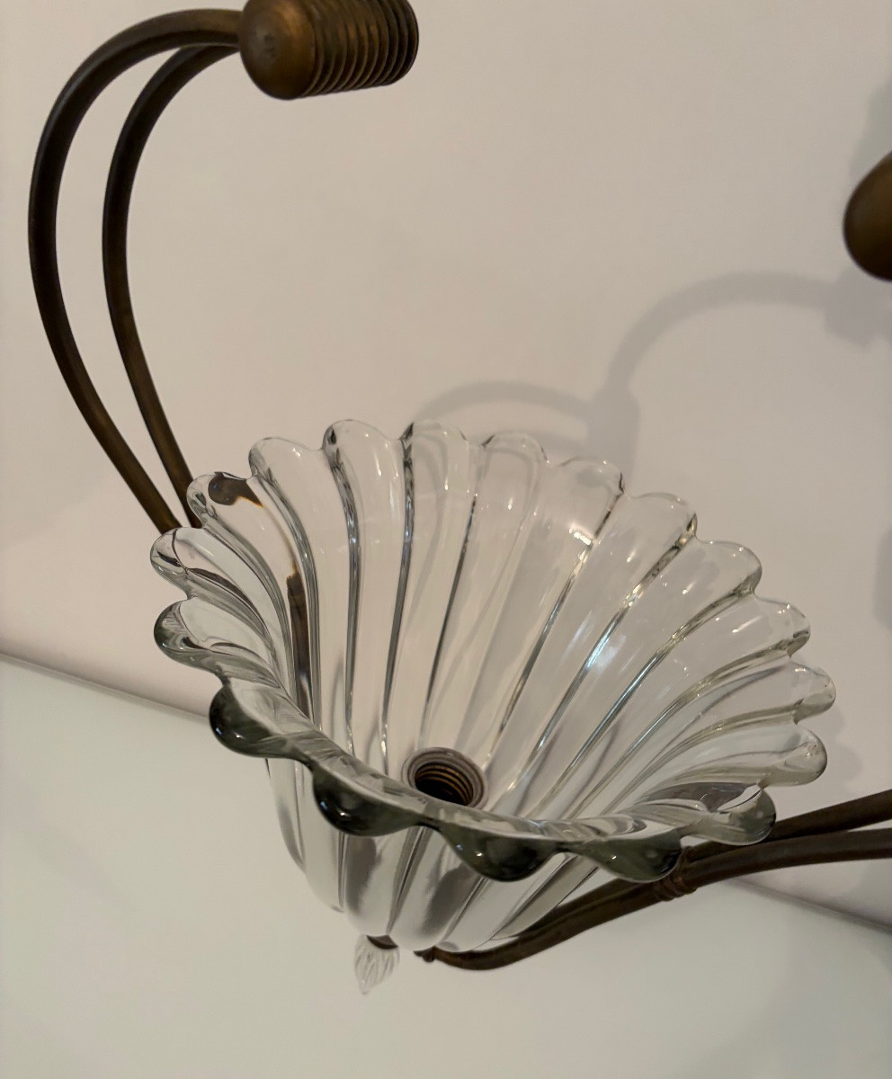 Suspension en laiton et verre de Murano, attribuée à Barovier & Toso, années 1940-photo-7