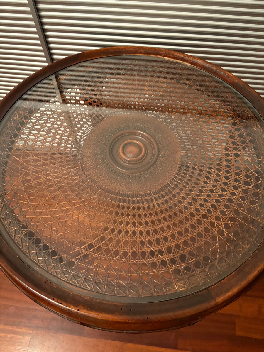 Round Table, 1940s, Made Of Vienna Straw With A Glass Top-photo-3