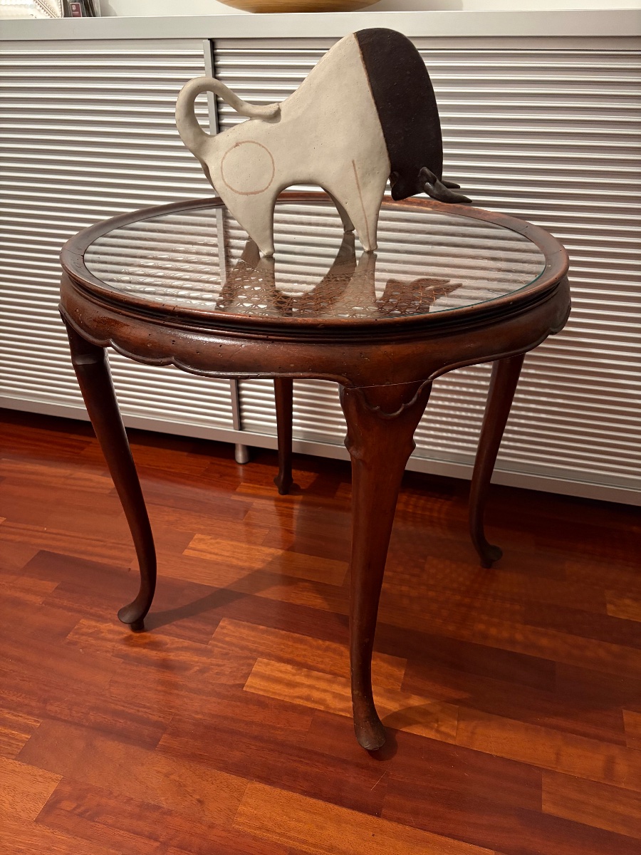 Round Table, 1940s, Made Of Vienna Straw With A Glass Top-photo-1