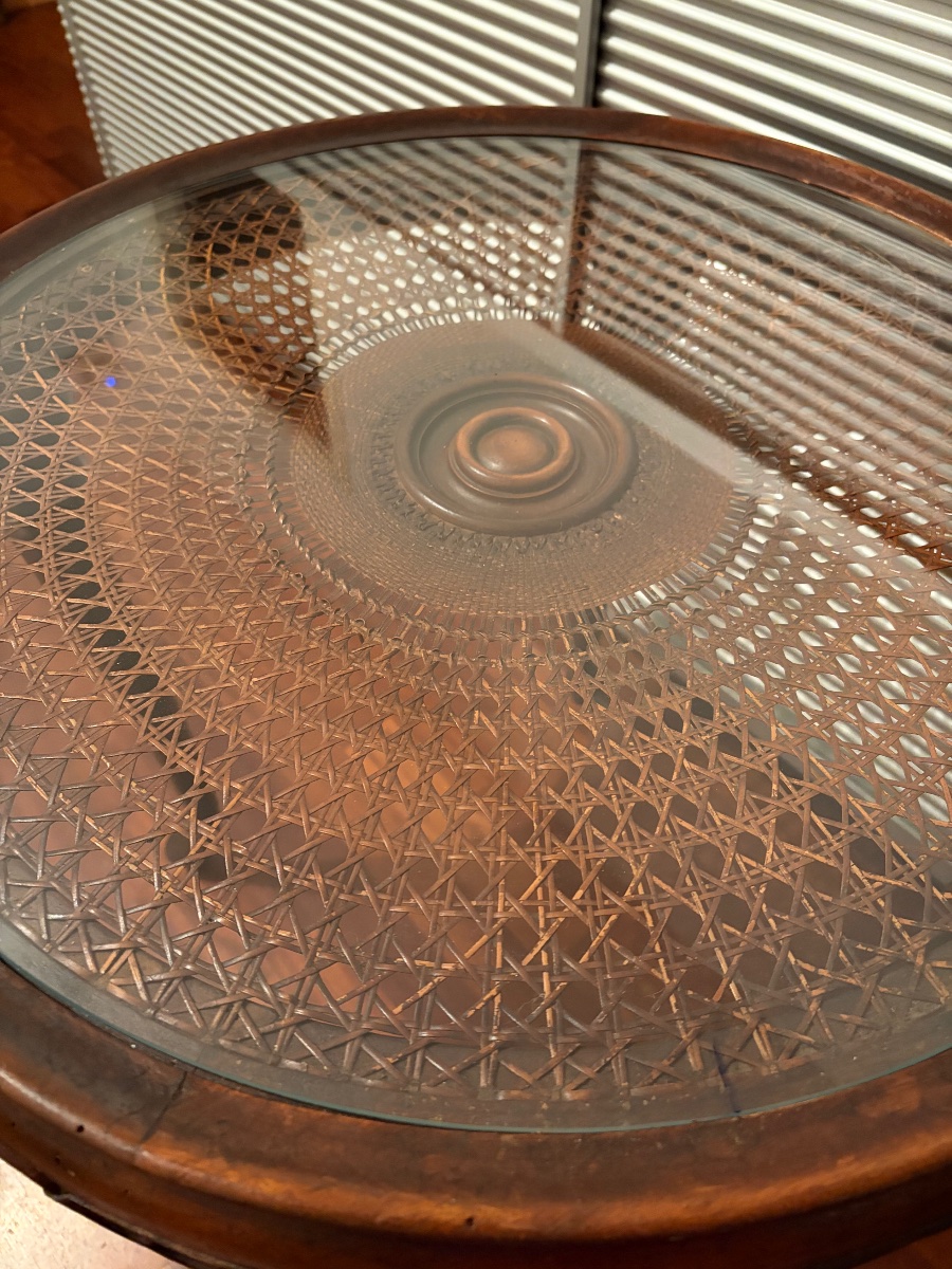 Round Table, 1940s, Made Of Vienna Straw With A Glass Top-photo-2