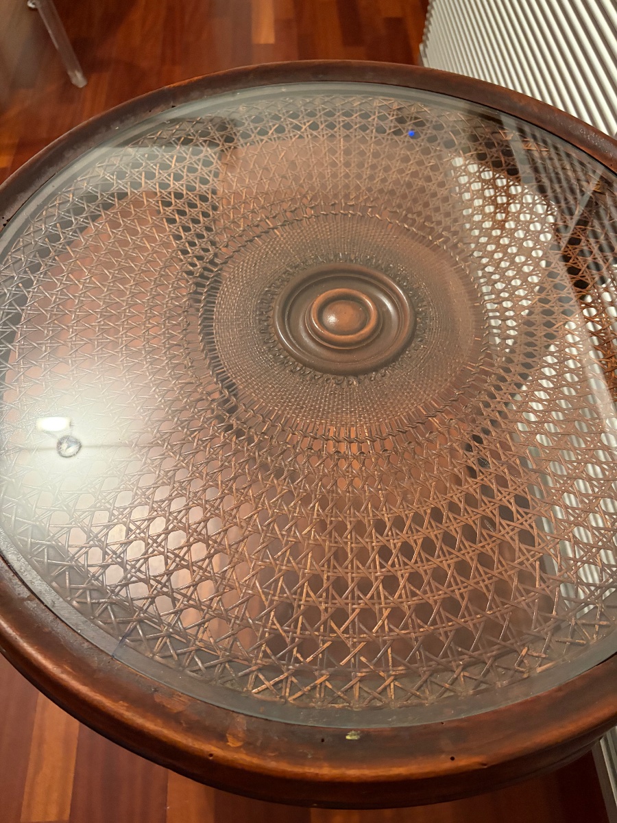 Round Table, 1940s, Made Of Vienna Straw With A Glass Top-photo-3