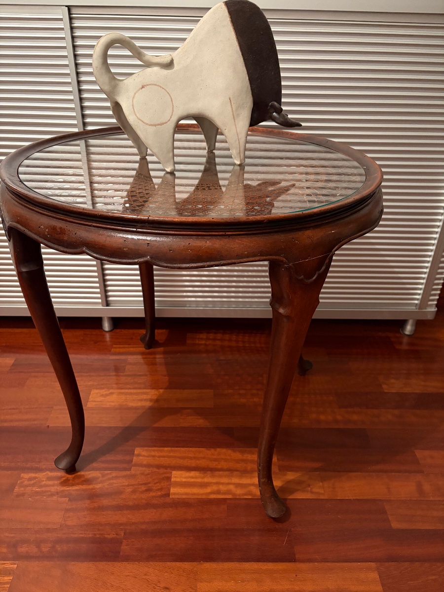 Round Table, 1940s, Made Of Vienna Straw With A Glass Top-photo-5