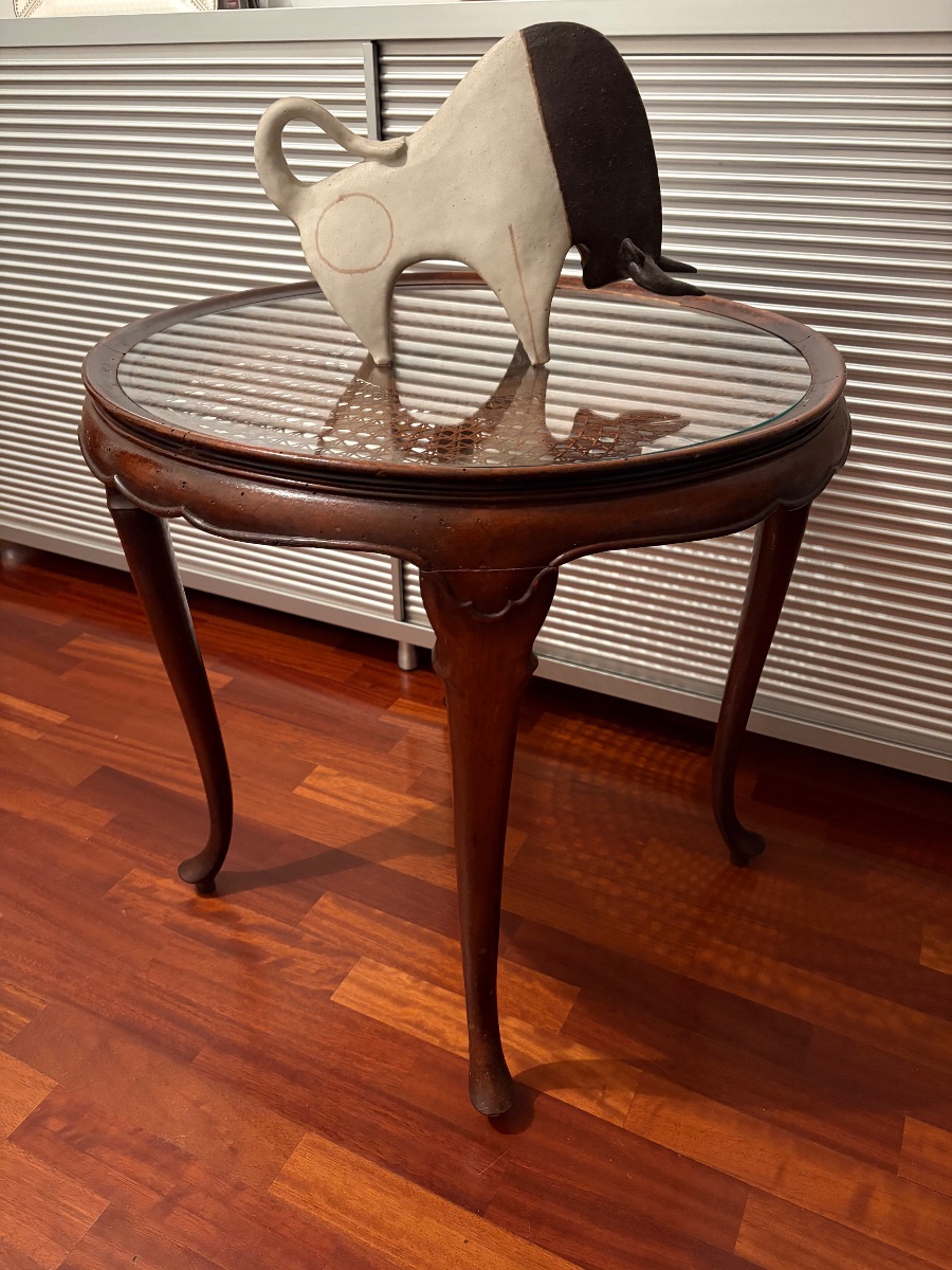 Round Table, 1940s, Made Of Vienna Straw With A Glass Top