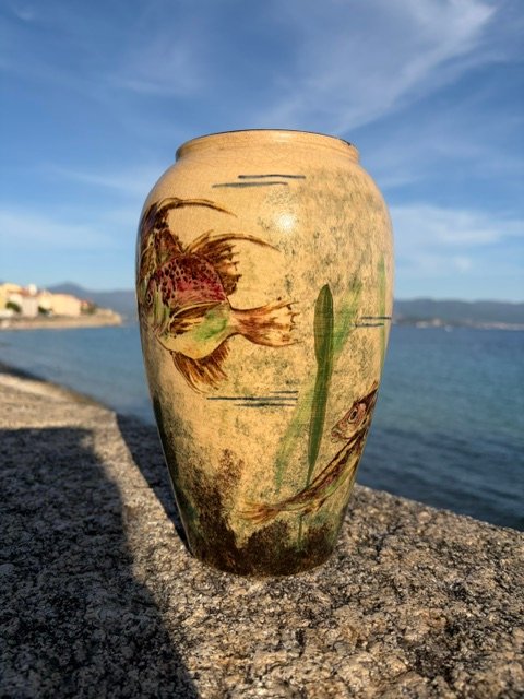 Polychrome Ceramic Vase With Fish, Vallauris – 1950s-photo-3