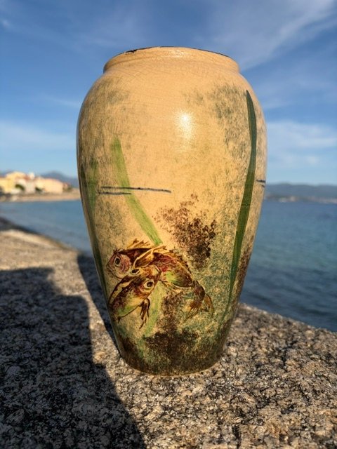 Polychrome Ceramic Vase With Fish, Vallauris – 1950s-photo-1