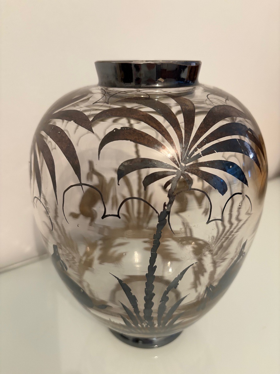 Art Deco Glass Vase With Silver Decoration 