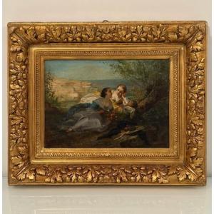 Tableau représentant deux jeunes femmes, Paul L. Billou (1821-1868)