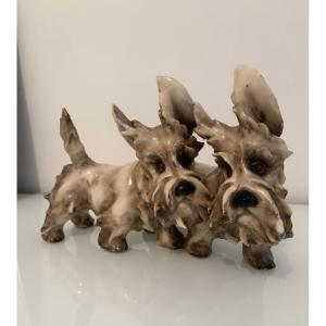 Polychrome Ceramic Sculpture Depicting Two Scottish Terriers – Guido Cacciapuoti, 1940s