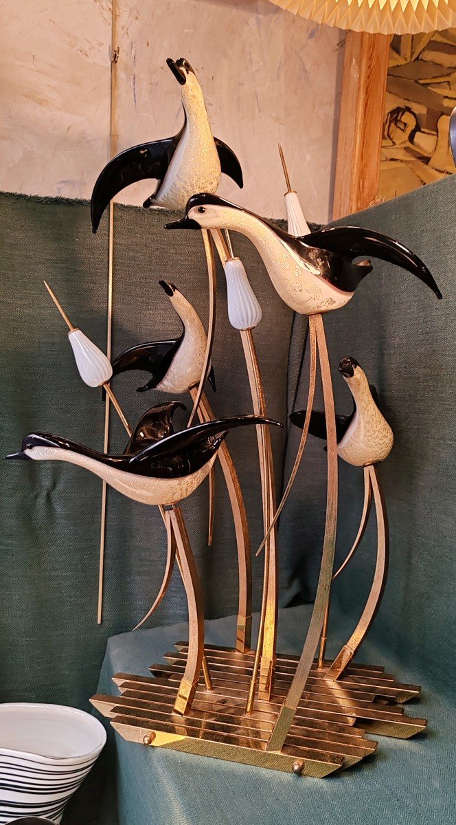 Licio Zanetti, Sculpture Verre Soufflé Et Laiton , Murano 1970